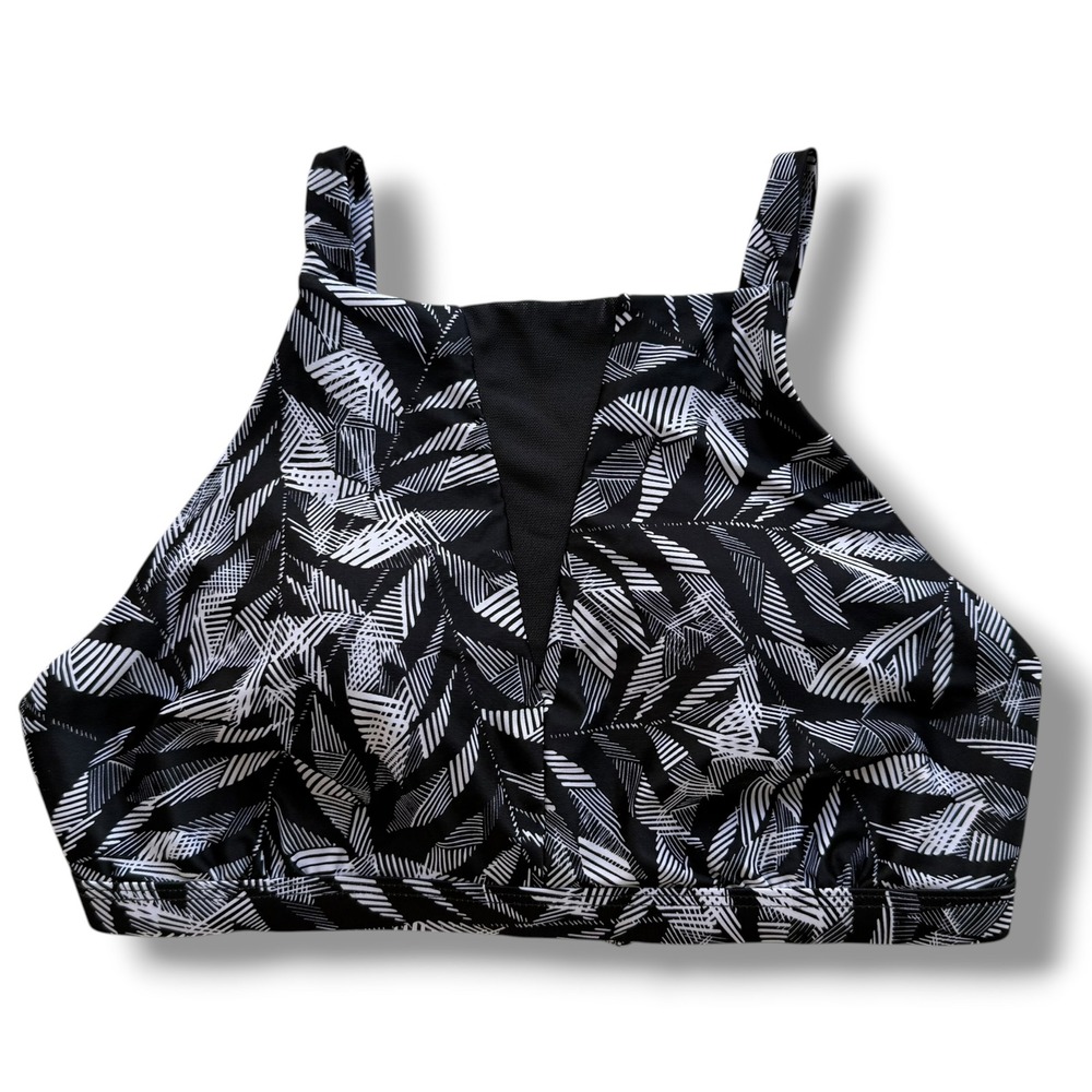 Prana Womens Med Black White Geometric Leaf High Neck Mesh Regan Bikini Swim Top